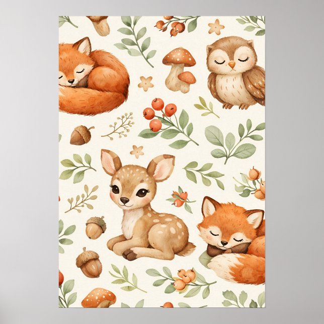 Cute Woodland Animals and Berries Pattern Poster (Front)
