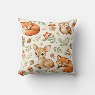 Cute Woodland Animals and Berries Pattern Throw Pillow