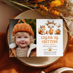Cute Woodland Animals Autumn Kids' Birthday Photo Invitation