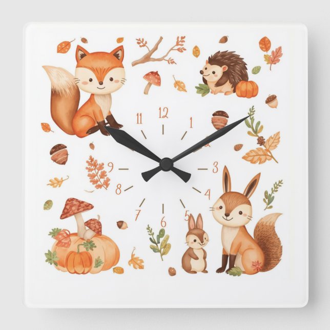 Cute Woodland Animals Autumn Wall Clock with Fox (Front)