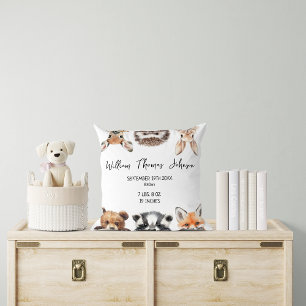Cute Woodland Animals Baby Birth Stats Throw Pillow
