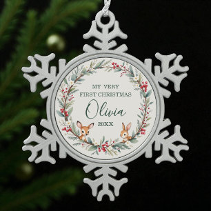 Cute Woodland Animals Baby First Christmas Snowflake Pewter Christmas Ornament