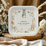 Cute Woodland Animals Baby Shower Gingham Plates<br><div class="desc">Make Emma's baby shower extra enchanting with these adorable personalized paper plates! A sweet watercolor wreath frames a classic bunny at the center, joined by playful mice with hearts, a cuddly teddy bear, clever fox, prickly hedgehog, another bunny, and a wise owl perched among soft florals, leaves, berries, butterflies, and...</div>