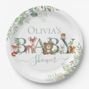 Cute Woodland Animals Baby Shower Greenery Favour  Paper Plate