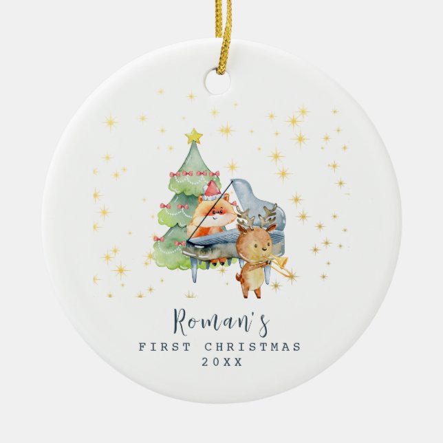 Cute Woodland Animals Baby's First Christmas Photo Ceramic Ornament (Front)