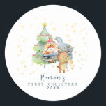Cute Woodland Animals Baby's First Christmas Photo Classic Round Sticker<br><div class="desc">Cute Baby's first Christmas woodland forest animals at the piano with starry skies in the background.  Add baby's awesome photo for the best forever keepsake holiday gift.</div>