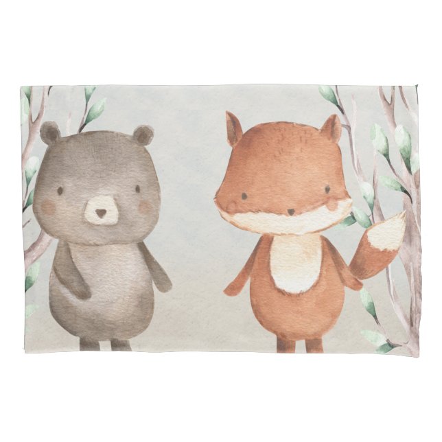 Cute Woodland Animals Bear and Fox Pillowcase (Front)