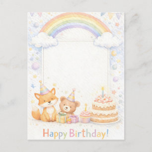 Cute Woodland Animals Birthday Card with Rainbow