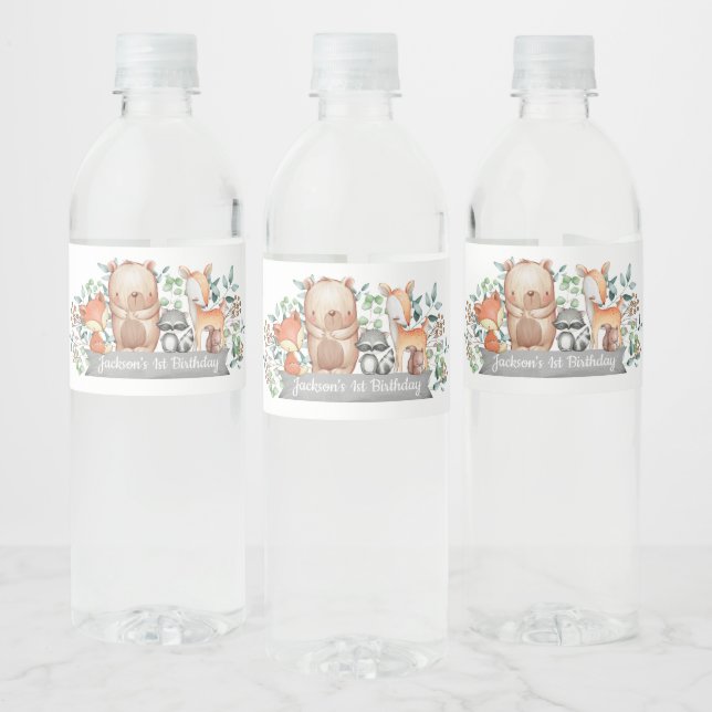 Cute Woodland Animals Birthday Party Favour Water Bottle Label (Bottles)