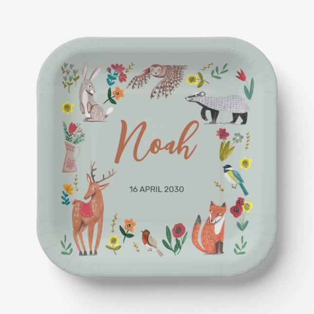 Cute Woodland Animals Blue Baby Shower Paper Plate (Front)