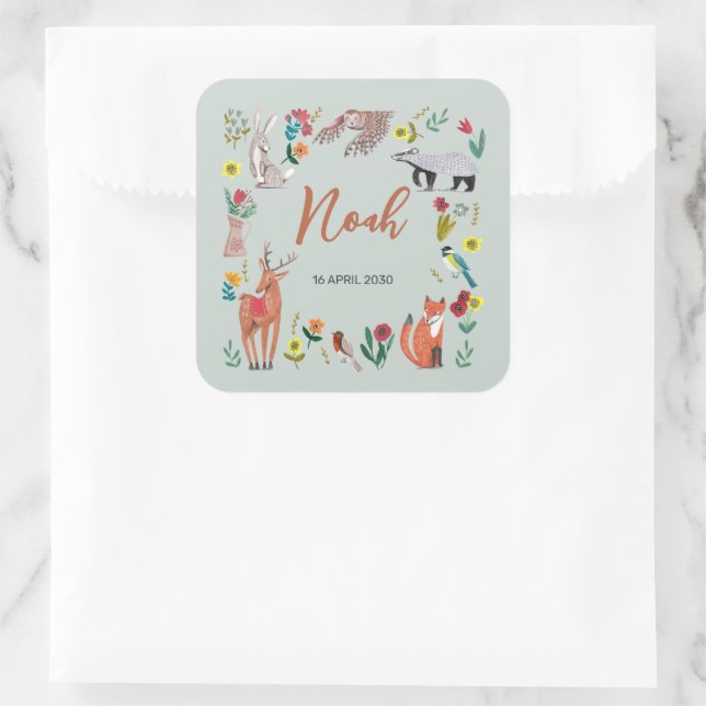 Cute Woodland Animals Blue Baby Shower Square Sticker (Bag)