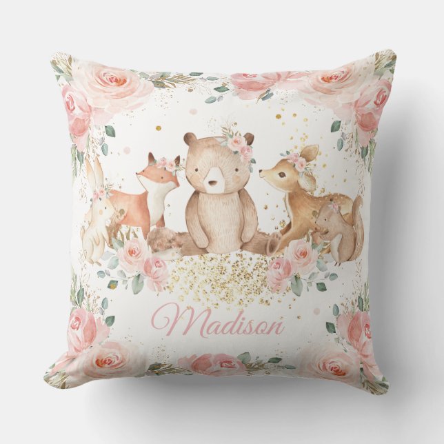Cute Woodland Animals Blush Pink Floral Nursery  Throw Pillow (Front)