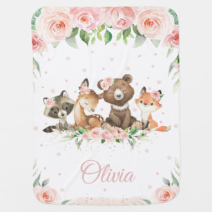 Cute Woodland Animals Blush Pink Floral Soft   Baby Blanket
