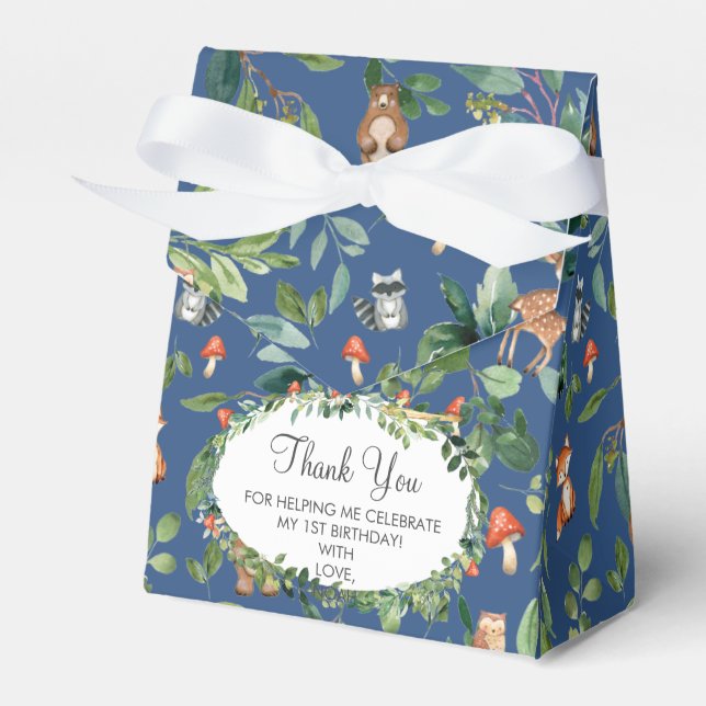 Cute Woodland Animals Boy 1st Birthday Thank You Favor Box (Front Side)