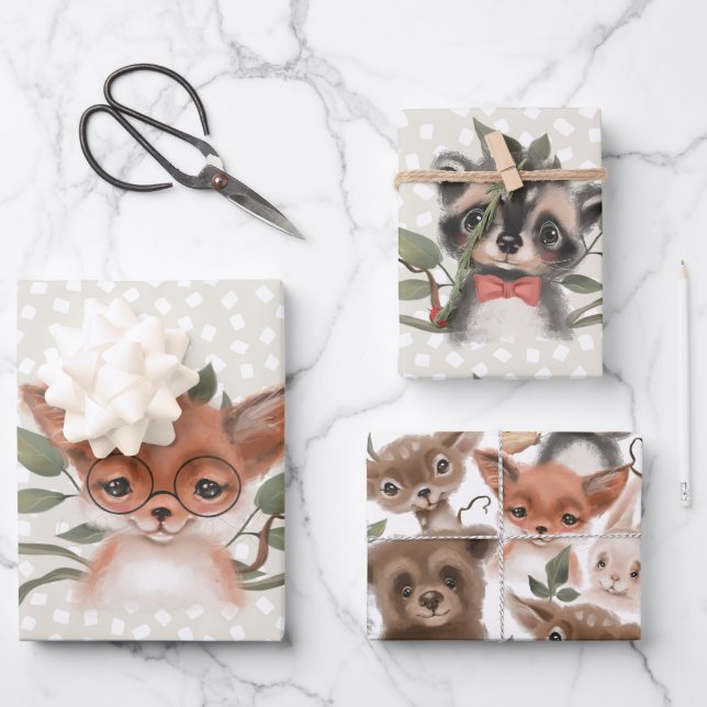 Cute Woodland Animals Children's Storybook Theme Wrapping Paper Sheet (Front)