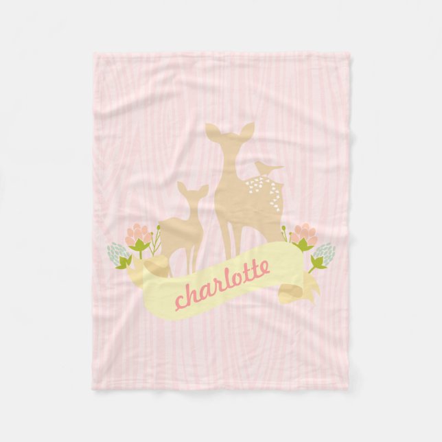 Cute Woodland Animals Fawn & Flowers Personalized Fleece Blanket (Front)
