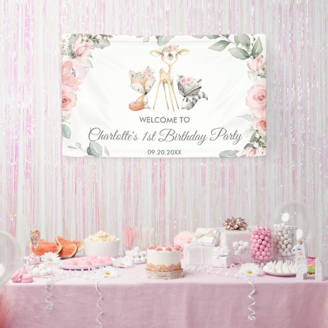 Cute Woodland Animals Floral Birthday Backdrop Banner (Party)