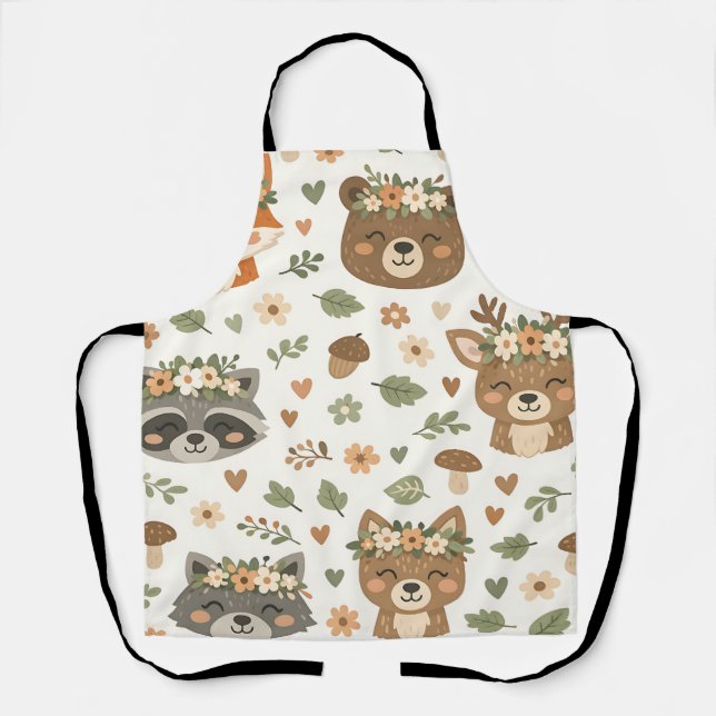 Cute Woodland Animals Floral Pattern Apron (Front)