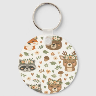 Cute Woodland Animals Floral Pattern Keychain