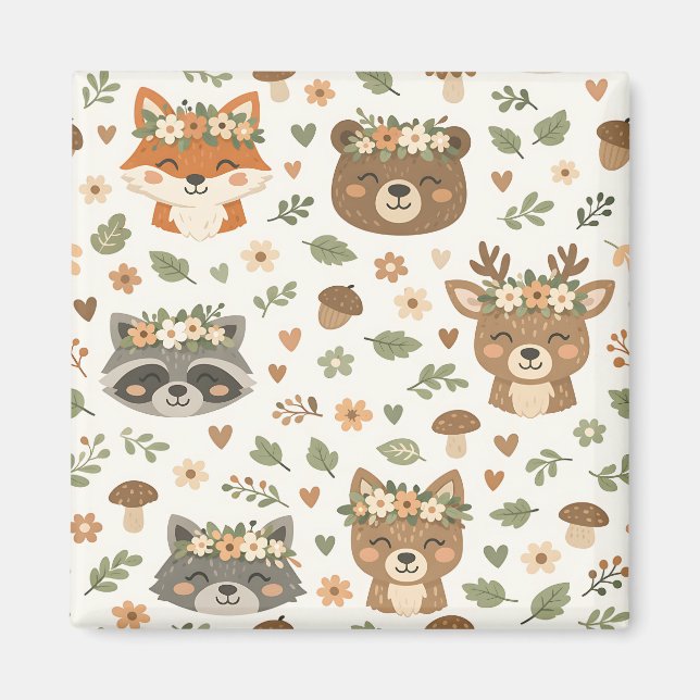 Cute Woodland Animals Floral Pattern Magnet (Front)