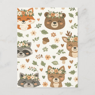 Cute Woodland Animals Floral Pattern Postcard