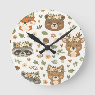Cute Woodland Animals Floral Pattern Round Clock
