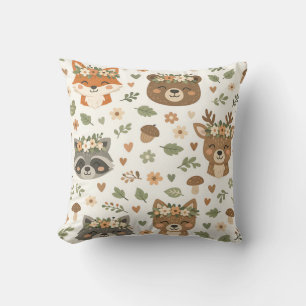 Cute Woodland Animals Floral Pattern Throw Pillow