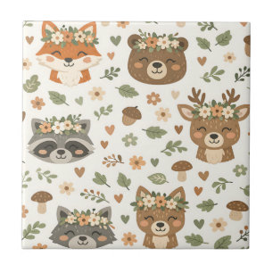 Cute Woodland Animals Floral Pattern Tile