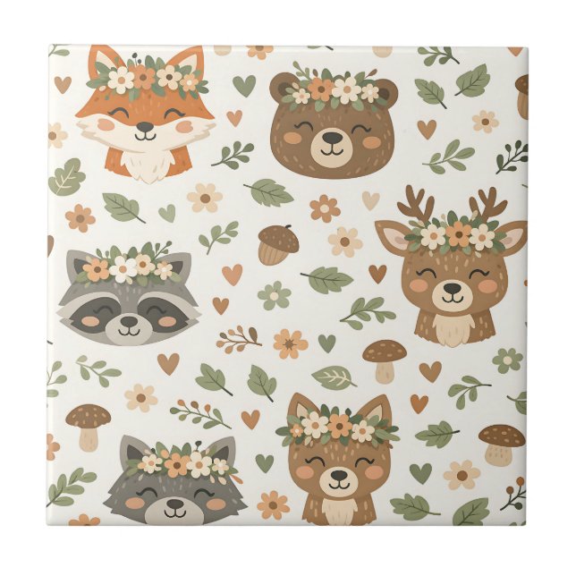 Cute Woodland Animals Floral Pattern Tile (Front)