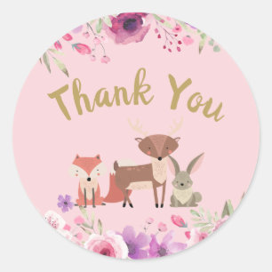 Cute Woodland Animals Floral Pink Thank You Classic Round Sticker
