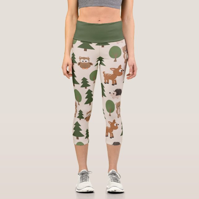 Cute woodland animals forest nature pattern capri leggings (Front)
