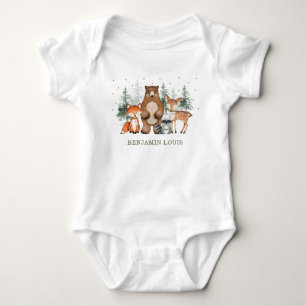 Cute Woodland Animals Forest Pine Trees Greenery Baby Bodysuit