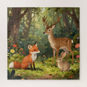 Cute Woodland Animals Forest Scene Jigsaw Puzzle