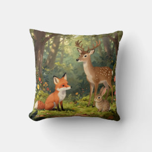 Cute Woodland Animals Forest Scene Throw Pillow