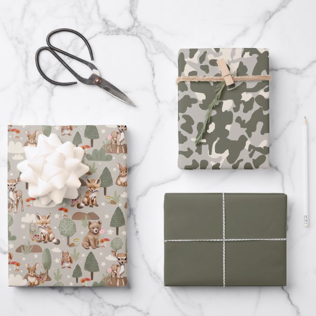 Cute Woodland Animals Forest Trees Baby Shower Wrapping Paper Sheet (Front)
