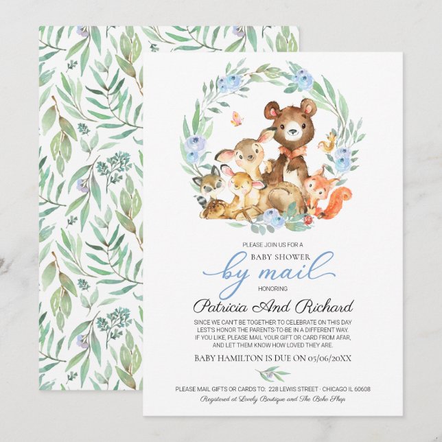 Cute Woodland Animals Greenery Baby Shower By Mail Invitation (Front/Back)
