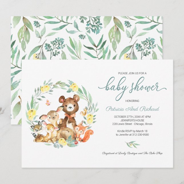 Cute Woodland Animals Greenery Baby Shower Invitat Invitation (Front/Back)