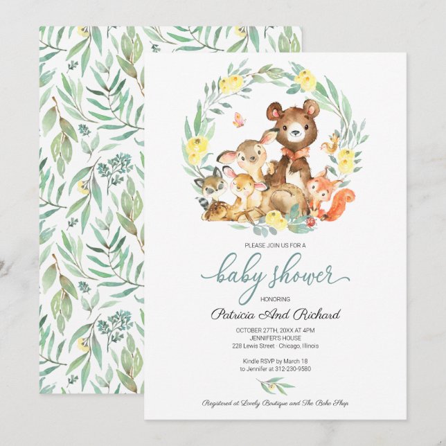 Cute Woodland Animals Greenery Baby Shower Invitation (Front/Back)
