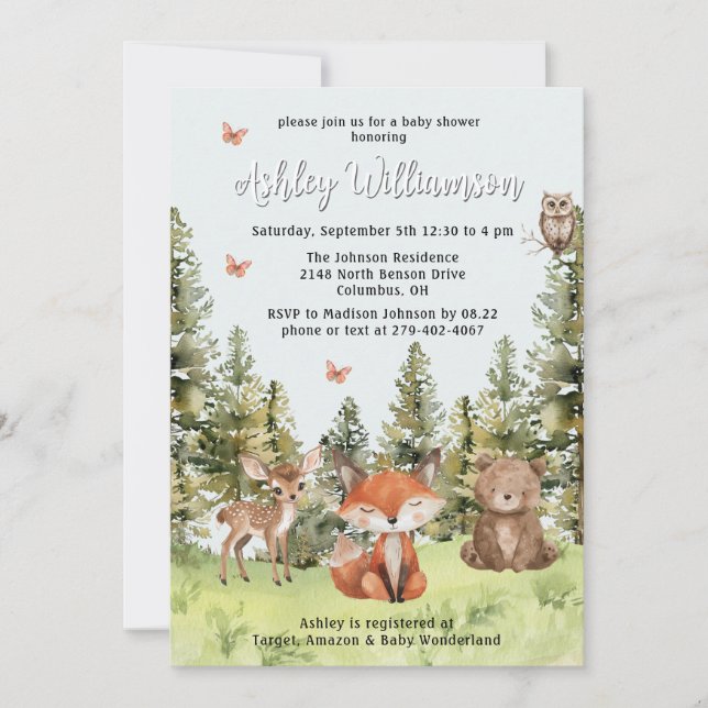 Cute Woodland Animals Greenery Baby Shower Invitation (Front)
