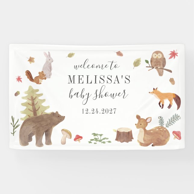 Cute Woodland Animals Greenery Baby Shower Welcome Banner (Horizontal)