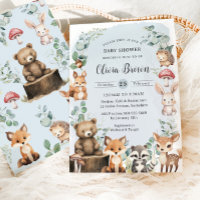 Cute Woodland Animals Greenery Blue Baby Shower