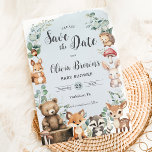 Cute Woodland Animals Greenery Blue Baby Shower Save The Date<br><div class="desc">Personalize this cute woodland save the date easily and quickly. Simply click the customize it further button to edit the texts,  change fonts and fonts colours. Featuring adorable baby woodland animals. Matching items available in store. (c) Somerset Fine Paperie</div>