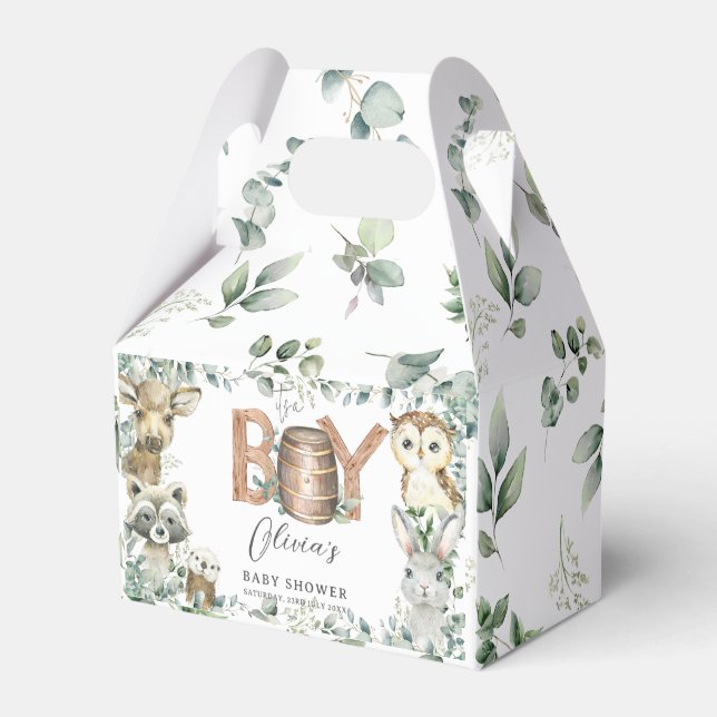 Cute Woodland Animals Greenery Boy Baby Shower  Favor Box (Front Side)