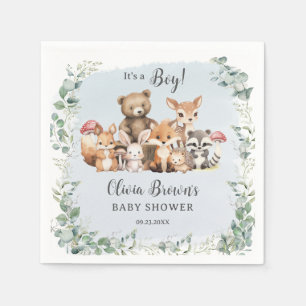 Cute Woodland Animals Greenery Boy Baby Shower Napkin