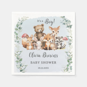 Cute Woodland Animals Greenery Boy Baby Shower Napkin