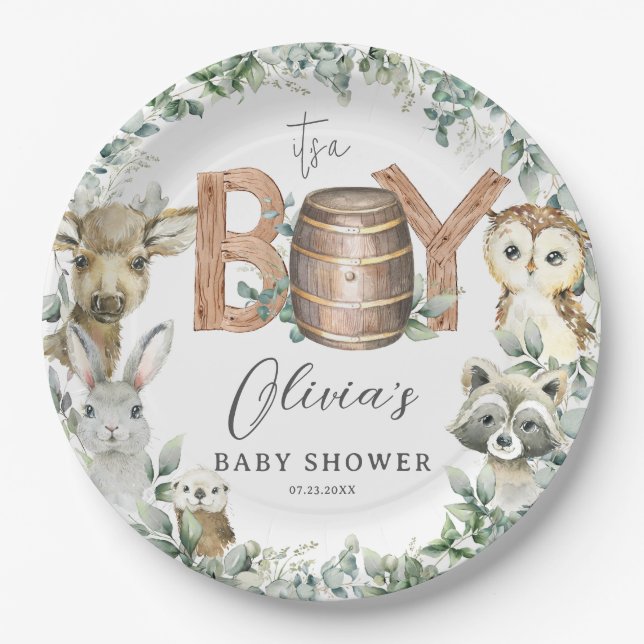 Cute Woodland Animals Greenery Boy Baby Shower  Paper Plate (Front)