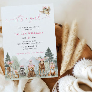 Cute Woodland Animals Greenery Girl Baby Shower Invitation