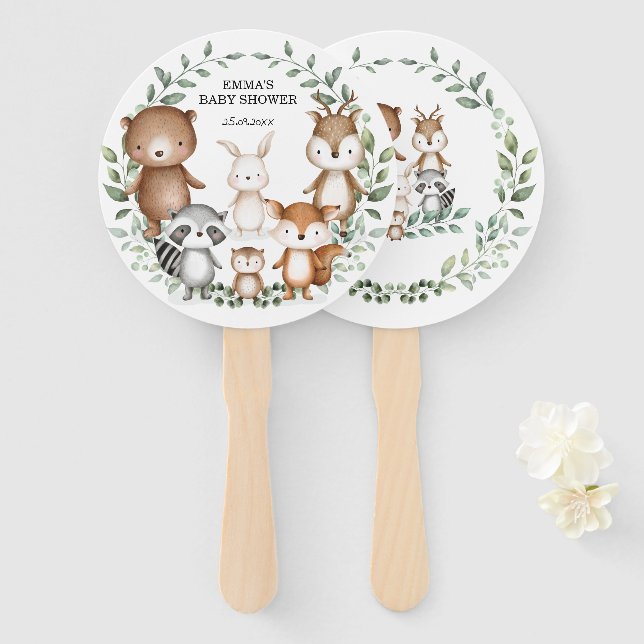 Cute Woodland Animals Greenery Wreath Party Favour Hand Fan (Front and Back)