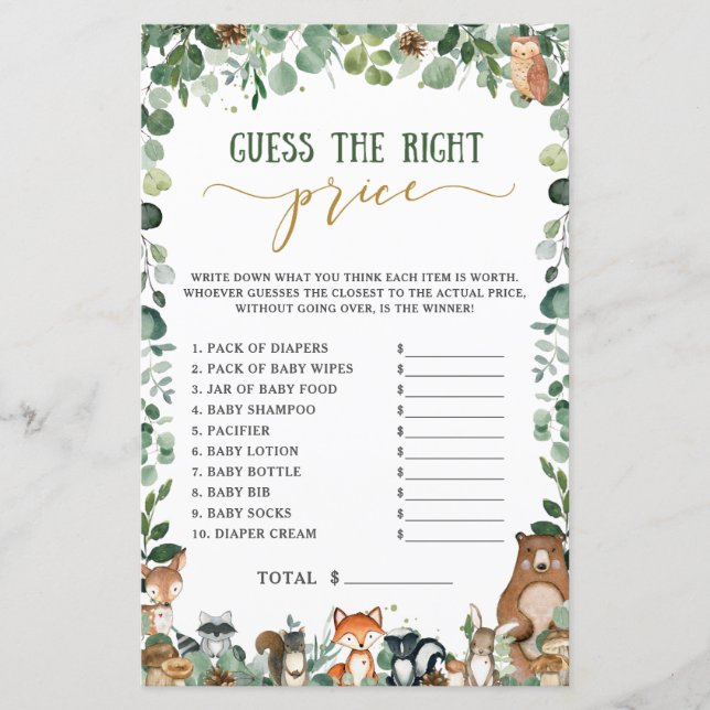 Cute Woodland Animals Guess the Right Price Game (Front)