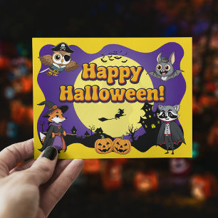 Cute Woodland Animals in Costume Happy Halloween Postcard